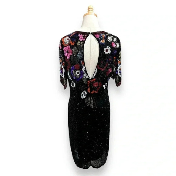 Vintage Retro 80's Silk Hand Beaded Sequin Black Niteline Evening Midi Dress 12 - Picture 3 of 13